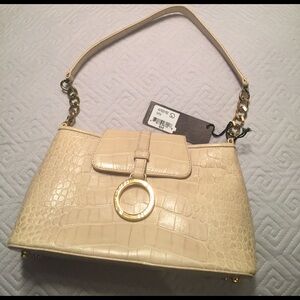 St. John Cream Croc-Embossed Shoulder Bag with Gold Hardware